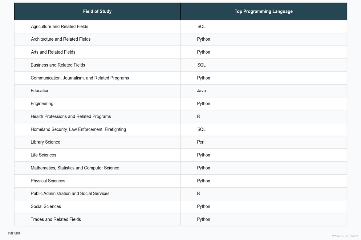 Table showing Top Programming Language by Field of Study